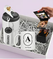Kişiye Özel 9 Fotoğraflı Akordiyon Kutu Albüm & Beyaz Coffee Dereceli Termos 440ml. & Kupa Hediye Seti
