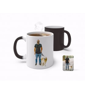 BK Gift Kişiye Özel Tam Boy Erkek ve Köpek Karikatürlü Sihirli Kupa Bardak-1 (Beyaz)