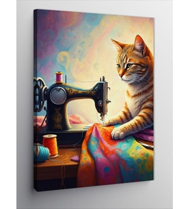 Kanvas Tablo Dikiş Makinesi Kullanırken Kedi