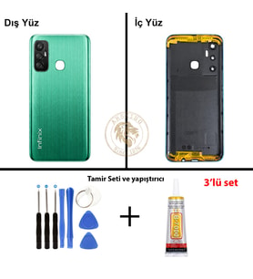 Infinix Hot 11 Yeşil Uyumlu Lensli Arka Kapak + Yapıştırıcı ve Vida Seti Arka Cam Batarya Pil Kapağı
