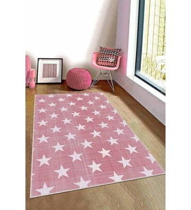 Pembe Kaymaz Tabanlı Yıkanabilir Yıldızlı Bebek Halısı KD80