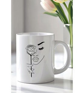 Minimal Gül ve Kadın Yüzü Desenli 330ml Baskılı Beyaz Seramik Kupa Bardak