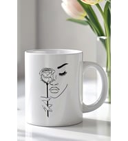 Minimal Gül ve Kadın Yüzü Desenli 330ml Baskılı Beyaz Seramik Kupa Bardak