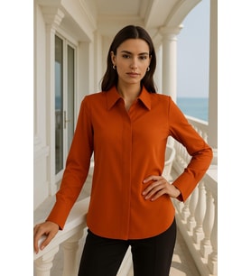 Kadın Kiremit Gizli Düğme Detaylı Slim Fit Trend Krep Gömlek