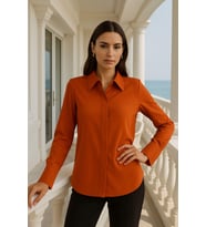 Kadın Kiremit Gizli Düğme Detaylı Slim Fit Trend Krep Gömlek