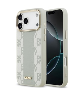 Apple iPhone 17 Pro Max Uyumlu Kılıf DKNY Orjinal Lisanslı M-safe Şarj Özellikli 3D Yazılı Checkered Pattern Kapak (Bej)