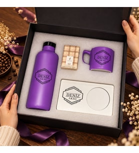 BK Gift Kişiye Özel İsimli Mor Cam Suluk & Kahve Fincanı & Türk Kahvesi & MDF Altlıklı - Hediye Kutulu Mor Set-3