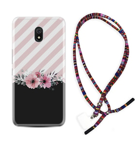 Xiaomi Redmi 8A 8 Pro 9C 9T 10C 11T Pro Kılıf Boyun Asklı Rasta Silikon Strip Pink Flowers 1396