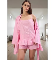 Kadın Pamuklu Fırfırlı Pijama Takımı Rahat ve Şık Ev Giyim Seti Zarif Tasarım Kullanım (Pembe)