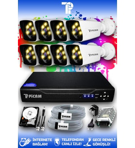 PICAM 8 Kameralı Kare 8 Dış Kamera Set 2 TB HDD Full HD Renkli Gece Görüşlü Güvenlik Kamerası Sistemi