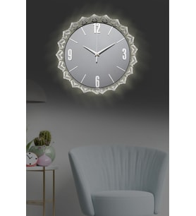Aynalı Metal Dekoratif Duvar Saati Led Işıklı 36 cm Gümüş