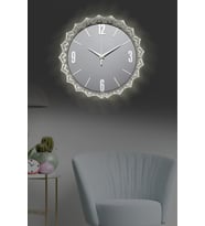 Aynalı Metal Dekoratif Duvar Saati Led Işıklı 36 cm Gümüş