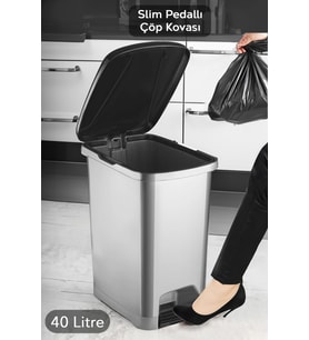 Slim Siyah Kapaklı 40 Litre Pedallı Çöp Kovası