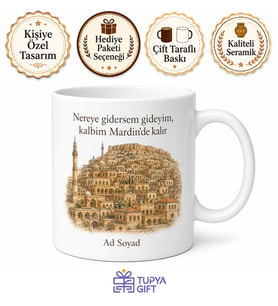 Mardin Memleket Temalı Baskılı Kupa Bardak Hediye Porselen Özel Tasarım