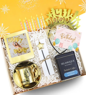 Gold Fincan & Selamlıque Türk Kahvesi & Mum & Çerçeve & İyi ki Doğdun Taç Premium Doğum Günü Hediye Seti