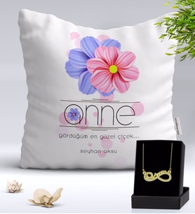 BK Gift Kişiye Özel Anne Temalı Yastık ve Sonsuzluk Annem Kolye Hediye Seti