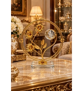 Yuvarlak Metal Kristal Küreli Standlı Gold Çiçek & Yaprak Motifli Salon Ofis Aksesuarı Biblo 18x18CM