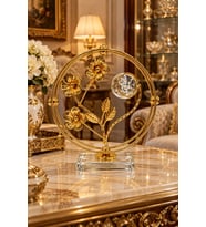 Yuvarlak Metal Kristal Küreli Standlı Gold Çiçek & Yaprak Motifli Salon Ofis Aksesuarı Biblo 18x18CM