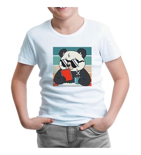 Panda with Sunglasses Reading a Book Beyaz Çocuk Tshirt
