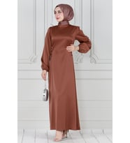 Bağcığı Taş Detaylı Saten Abiye-Kahverengi