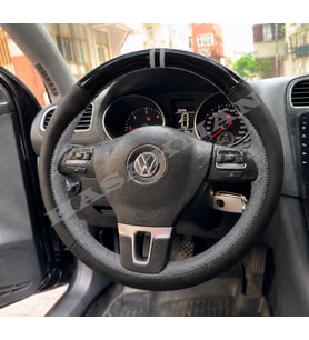 Vw Golf 6 Dikme Direksiyon Kılıfı Parlak Siyah Gri Detaylı Gri Çift Yüzük ve Dikiş 2008-2012