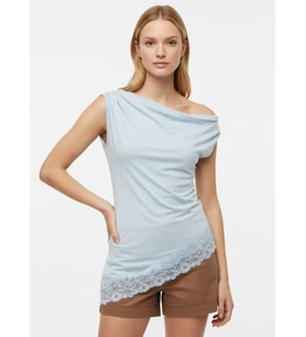 Kadın Kayık Yaka Asimetrik Kesim Dantel Detay Tasarım Slim Fit Modal Bluz 26001 (Mavi)