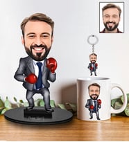 Kişiye Özel Boksör Tasarımlı Karikatür Biblo Anahtarlık Ve Kupa Hediye Seti 5