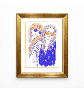 Tablore Altın Çerçeveli Modern Çizim İki Kadın Tablosu Pop Art İllüstrasyon Duvar Dekoru