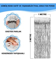 Gümüş Renk Ekstra Metalize Parlak Saçaklı Arka Fon Perde İthal A Kalite 1x2 Metre (5343)