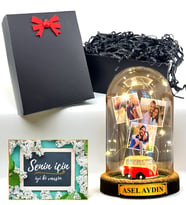 Sizlere Özel Led Işıklı Fanus Hediyesi - Siyah Hediye Kutusunda - 3 Fotoğraflı ve İsimli (Model 6)