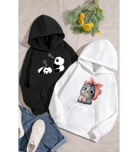 2'li Paket Baskılı Erkek - Kız Çocuk Rahat Kalıp Sweatshirt (Siyah)