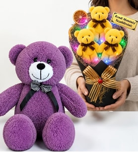 Kişiye Özel Renkli LED Işıklı Peluş Ayıcık Buketi ve 50 cm Büyük Boy Mor Peluş Ayıcık Seti