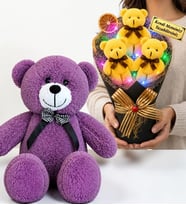 Kişiye Özel Renkli LED Işıklı Peluş Ayıcık Buketi ve 50 cm Büyük Boy Mor Peluş Ayıcık Seti