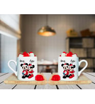 Mickey & Minnie Mouse & Yılbaşı Tasarımlı Çift Ahşap Tabaklı Kişiye Özel Türk Kahvesi Fincanı Seti