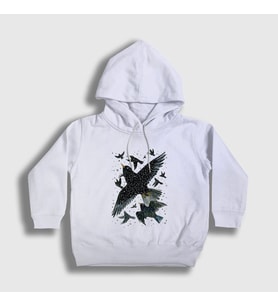 Presmono Unisex Çocuk Beyaz Herd Of Birds Kuş Karga Kapüşonlu Sweatshirt 321372tt