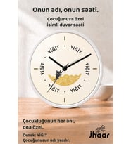 İsme Özel Minimal Kedi ve Sarı Doku Çocuk Odası Duvar Saati Orta Boy 30 cm Beyaz Camlı Sessiz