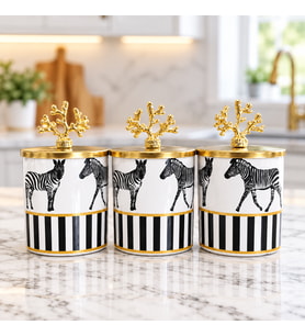 Baharatlık Silindir 3 lü Set Kahve Köşesi Zebra At Desenli Gold Mercan