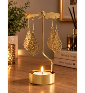 Altın Renkli Dekoratif Döner Tealight Mumluk Mandala Desenli Sallanan Süs Metal Şamdan