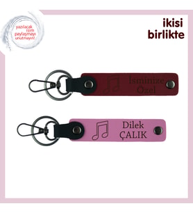 İlk Sahne Heyecanını Taşıyan Hatıra, Nota Temalı Deri Anahtarlık Seti, İsimleri Yazdır, Bordo-Pembe