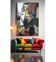 ELBİSE GİYEN KEDİ V2 Ev Duvar Salon Güzellik Salonu Ofis Dükkan Dekarasyon Kanvas Tablo (Çok Renkli)