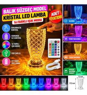 Mey İthalat® Balık Süzgeç Model USB Şarjlı Kumandalı 16Farklı Işık Modlu Masa Üstü Kristal Akrilik Led (adet fiyatıdır)