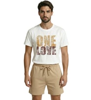 Sarı Kırmızı ''One Love'' Yazılı Vintage Görünümlü Premium Taraftar Tişört (Beyaz)