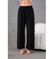 Kadın Keten Beli Lastikli Rahat Bol Paça Pantalon (Siyah)