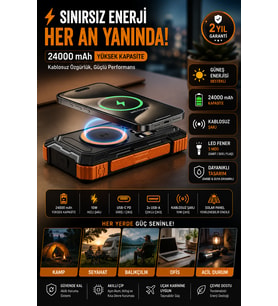 20000 mAh Güneş Enerjili Powerbank Kablosuz Şarj ve Hızlı Şarj Destekli