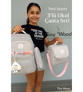 Kız Çocuk İlköğretim Çantası Ultra Hafif ilkokul / Ortaokul Okul 3 lü Çanta Seti Pembe-Lila -Gri