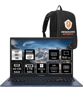 Asus Vivobook 15 Core 7 150U Notebook 40GB RAM 4TB SSD 15.6" FHD Win11 Pro + Per4 Çanta X1504VABQ5456P360