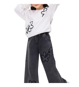 KIZ Çocuk ÇİÇEK NAKIŞLI KOT PANTALONLU TAKIM
