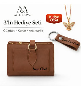 AYLEEN AYZ Kişiye Özel Kadın 3'lü Hediye Seti - Anka Kuşu Kolye İsme Özel Deri Cüzdan ve Anahtarlık (Taba)