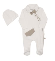 Erkek Bebek Ekru Kahve Şeritli Papyonlu Yandan Çıtçıtlı Bereli  Lüks Tulum
