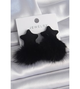 Siyah Renk Tüylü Yıldız Ponpon Model Kadın Küpe